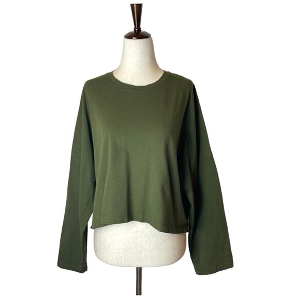 Babaton The Group Olive Green Cotton Crew Neck Long Sleeve Cropped Tee Size S - Picture 1 of 8